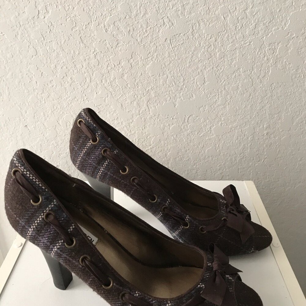 Steve Madden Ninna Peep Toe Heels Black Plaid Ribbon - Picture 9 of 12